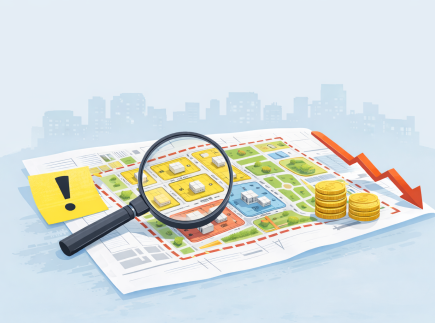İmar planı paftası üzerinde büyüteçle inceleme yapılan, yanlış yorumlamanın mali kayıplara yol açabileceğini simgeleyen şehir planı illüstrasyonu.