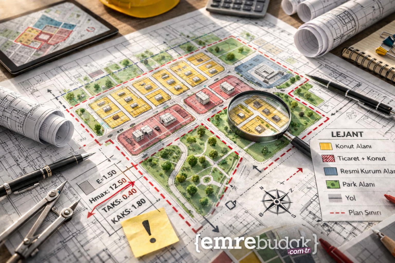 İmar planı lejantlarının ve renkli kullanım kararlarının büyüteçle incelendiği, konut, ticaret ve park alanlarını gösteren detaylı şehir planı görseli.