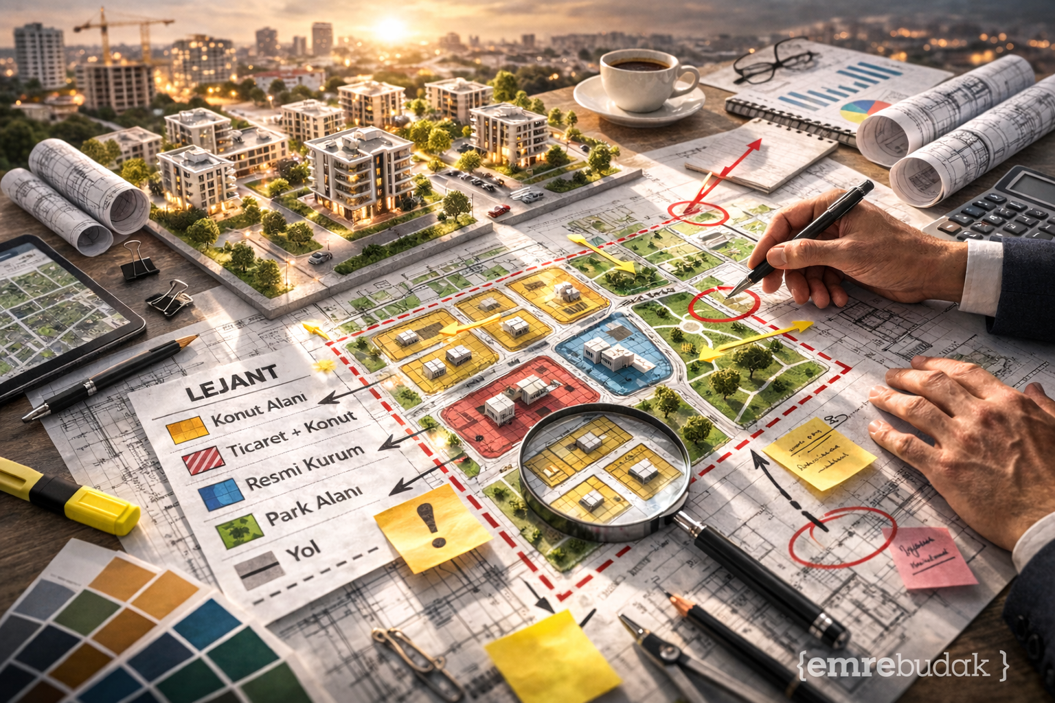 İmar planı lejantı ve renkli kullanım kararlarının incelendiği, şehir planı paftası üzerinde teknik analiz yapılan profesyonel çalışma ortamı.